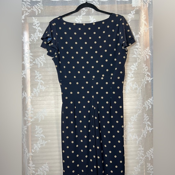 Lauren Ralph Lauren Polka Dot Midi Dress Ruched Wrap Style Navy Size 12 - Picture 11 of 11